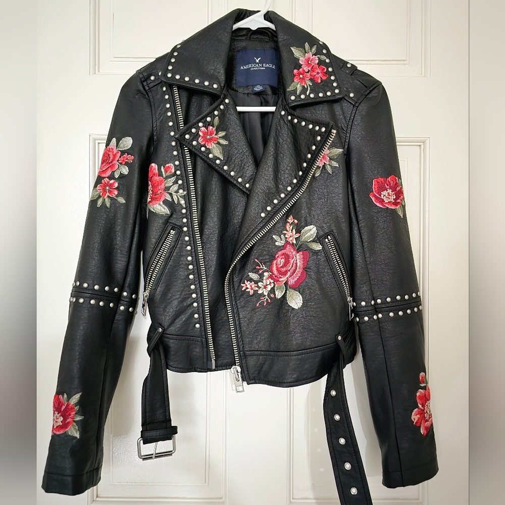 American Eagle Floral Embroidered Faux Leather Jacket (XXS)